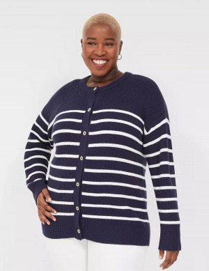 Lane Bryant Button-Front Stripe Cardigan Dames Blauw | XTP4990BP