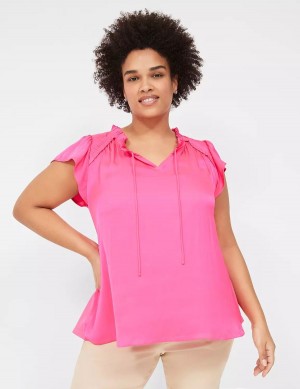 Lane Bryant Cap Flutter-Sleeve Satin & Knit Top T-shirts Dames Roze | TOB3243BA