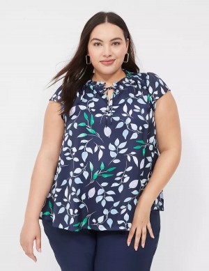 Lane Bryant Cap Flutter-Sleeve Satin & Knit Top T-shirts Dames Donkerblauw | HDG4375JT