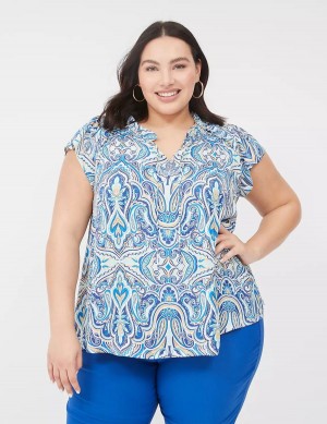 Lane Bryant Cap Flutter-Sleeve Satin & Knit Top T-shirts Dames Blauw | NEE1532HS
