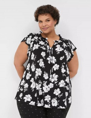 Lane Bryant Cap Flutter-Sleeve Top T-shirts Dames Zwart Wit | TQO5043CR