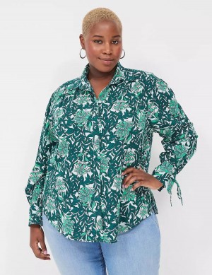 Lane Bryant Collared Button-Front Tie-Cuff Blouse Dames Groen Gekleurd | YNF5964IS