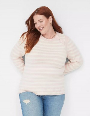 Lane Bryant Crew-Neck Button-Shoulder Stripe Truien Dames Koraal | KIF1015SR