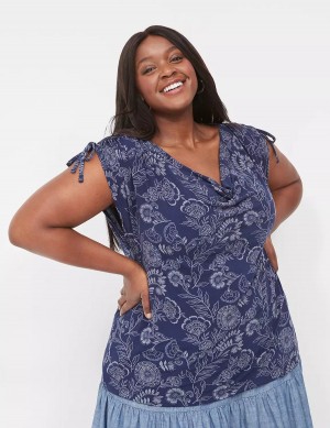 Lane Bryant Drawcord Cap-Sleeve Drape-Neck Top T-shirts Dames Donkerblauw | BJG327OS