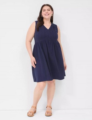 Lane Bryant Easy Swing Eyelet-Bodice Casual Jurk Dames Blauw | UNS2531JB