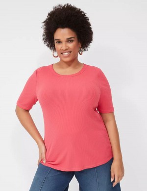 Lane Bryant Elbow-Sleeve High Crew-Neck Rib Top T-shirts Dames Roze | TYL198XA