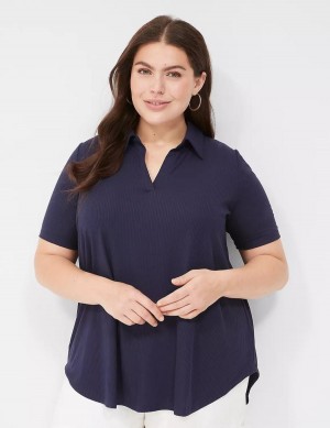 Lane Bryant Elbow-Sleeve Split-Neck Swing Polo Top T-shirts Dames Blauw | YST3532FH