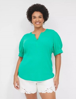 Lane Bryant Elbow-Sleeve Split-Neck Top T-shirts Dames Turquoise | FDQ3192AU