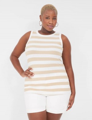 Lane Bryant Fitted High-Neck Ribbed Tanktop Dames Bruin Wit | WOM535BO