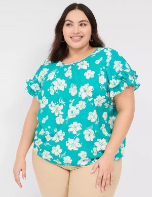 Lane Bryant Flutter-Sleeve Crew-Neck Top T-shirts Dames Turquoise | LYO4915NJ