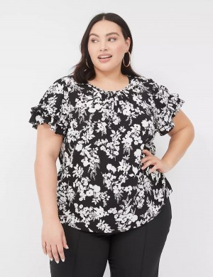 Lane Bryant Flutter-Sleeve Crew-Neck Top T-shirts Dames Zwart | MQZ1382WL