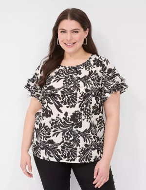 Lane Bryant Flutter-Sleeve Crew-Neck Top T-shirts Dames Zwart | HJU1219IJ
