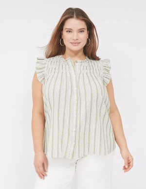 Lane Bryant Flutter-Sleeve Ruffle-Neck Blouse Dames Groen Strepen | LOH2590ZR