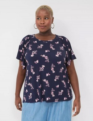 Lane Bryant Flutter-Sleeve Smocked Top T-shirts Dames Roze Donkerblauw | DCX3842KY