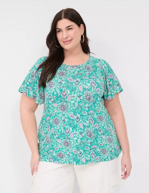 Lane Bryant Flutter-Sleeve Smocked Top T-shirts Dames Lichtturquoise | YFJ10024UC