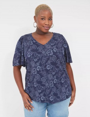Lane Bryant Flutter-Sleeve V-Neck Top T-shirts Dames Donkerblauw | SSZ3415JS