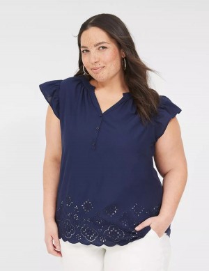 Lane Bryant Flutter-Sleeve Woven-Front Knit Top T-shirts Dames Blauw | XHH6852UP