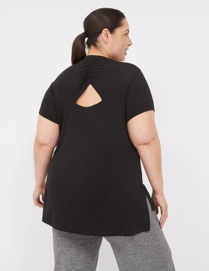 Lane Bryant LIVI V-Neck Ruched-Back Tee T-shirts Dames Zwart | PPI8036ZN