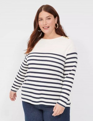 Lane Bryant Long-Sleeve Boatneck Top T-shirts Dames Donkerblauw Strepen | SBB4576QW