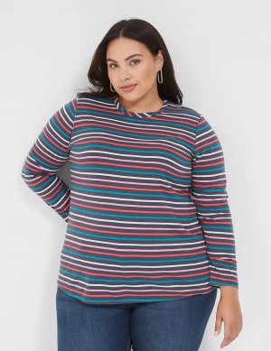Lane Bryant Long-Sleeve Crew-Neck Tee T-shirts Dames Donkerblauw Gekleurd Strepen | ZKJ8849XI
