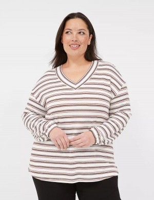 Lane Bryant Lurex Blouson-Sleeve V-Neck Tunic T-shirts Dames Wit Zwart Strepen | TIK3429LO