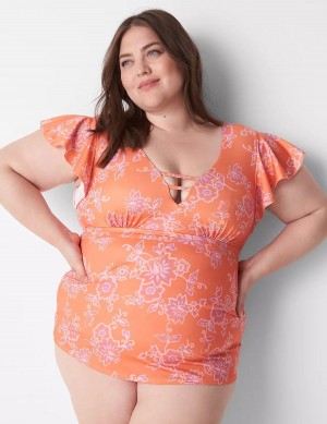 Lane Bryant No-Wire Flutter-Sleeve Swim Tankini Bikinitop Dames Roze | LMK7916QV