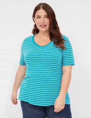 Lane Bryant Perfect Sleeve V-Neck Tee T-shirts Dames Turquoise Strepen | WRX5869OG