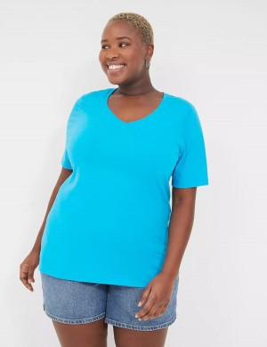 Lane Bryant Perfect Sleeve V-Neck Tee T-shirts Dames Blauw | WNV3693IY