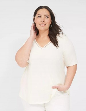 Lane Bryant Perfect Sleeve V-Neck Trim-Detail Tee T-shirts Dames Wit | QNP9351ZU