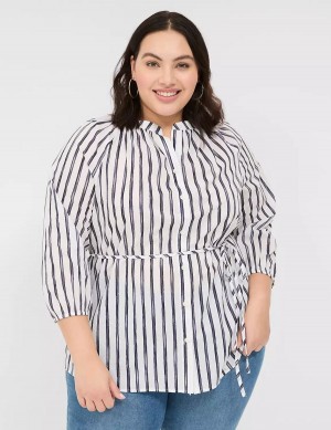 Lane Bryant Relaxed 3/4-Sleeve Button-Front Tunic Overhemd Dames Donkerblauw Strepen | SYW2784GX