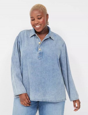 Lane Bryant Relaxed Collared Denim Popover Overhemd Dames Lichtblauw | SPY5958IT