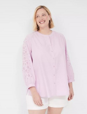 Lane Bryant Relaxed Eyelet-Sleeve Button-Front Blouse Dames Paars | POT1878FX