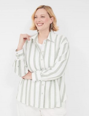 Lane Bryant Relaxed Linen Button-Down Overhemd Dames Olijfgroen Strepen | RUH919GH