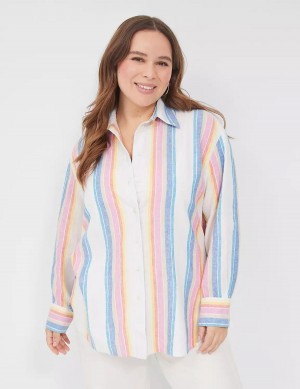 Lane Bryant Relaxed Linen Button-Down Overhemd Dames Wit Gekleurd Strepen | ELY348NE