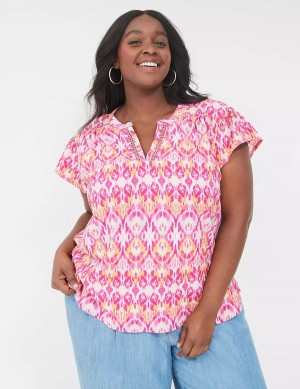 Lane Bryant Relaxed Notch-Neck Woven & Knit Top T-shirts Dames Roze | RMJ9680PI