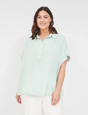 Lane Bryant Relaxed Short-Sleeve Button-Front Overhemd Dames Blauw | UJI796JG