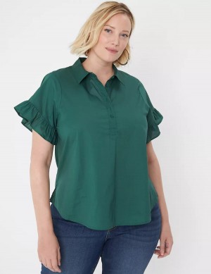 Lane Bryant Ruffle-Sleeve Button-Down Top T-shirts Dames Groen | PQX1465EG