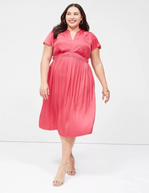 Lane Bryant Satin Flutter-Sleeve Ruffle V-Neck Midi-jurk Dames Roze | MTR548AI