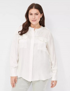 Lane Bryant Satin Long-Sleeve Button-Front Blouse Dames Wit Roze | WBA8184CF