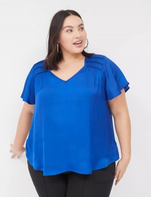 Lane Bryant Satin Smocked-Shoulder Blouse Dames Blauw | WGF7636JC