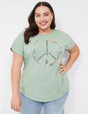 Lane Bryant Scoop-Neck Peace Flowers Graphic Tee T-shirts Dames Lichtgroen | QEL228UB