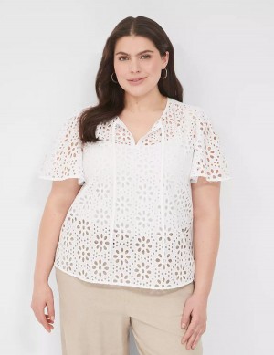 Lane Bryant Sheer Flutter-Sleeve Eyelet Top T-shirts Dames Wit | FTP9134IL