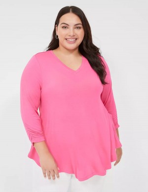 Lane Bryant Swing 3/4 Ruched-Sleeve Top T-shirts Dames Fuchsie | ONZ230EE