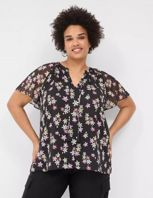 Lane Bryant Swing Flutter-Sleeve Popover Blouse Dames Zwart Gekleurd | VHS3467CS