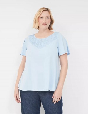 Lane Bryant Swing Flutter-Sleeve Smocked-Yoke Top T-shirts Dames Blauw | OBZ1533CM