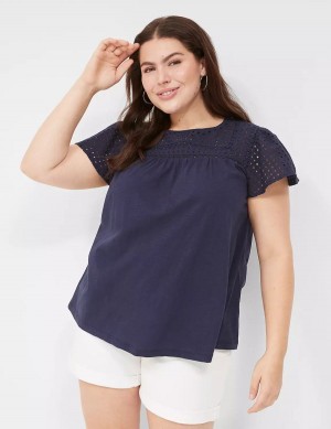 Lane Bryant Swing Flutter Sleeve Eyelet & Knit Tee T-shirts Dames Blauw | EPK4683KI