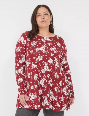 Lane Bryant Swing Long-Sleeve Crew-Neck Tee T-shirts Dames Rood Wit | EUW8868OP
