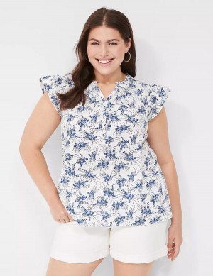 Lane Bryant Woven & Knit Cap Flutter-Sleeve Top Blouse Dames Blauw Wit | WTK3526DU