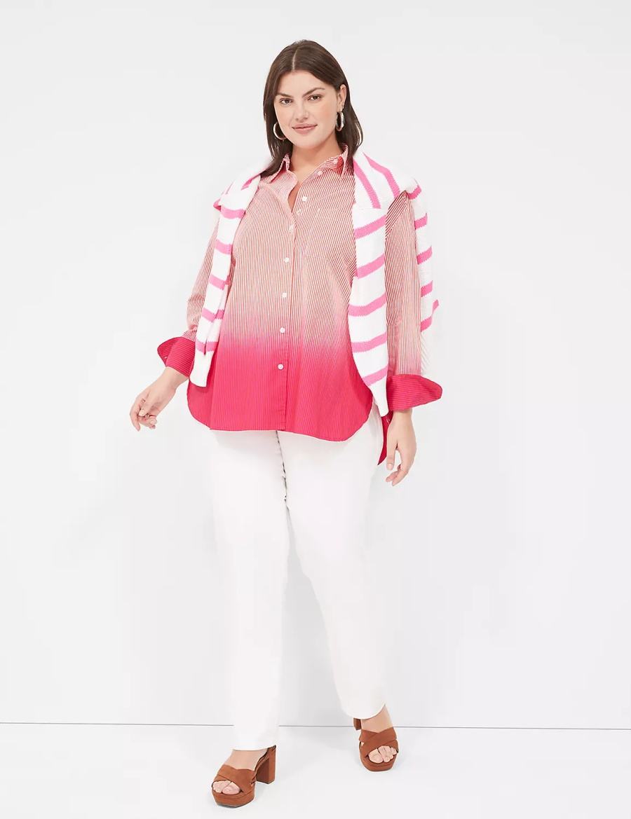 Lane Bryant Button-Down Boyfriend Overhemd Dames Roze Strepen | GGW942ZU