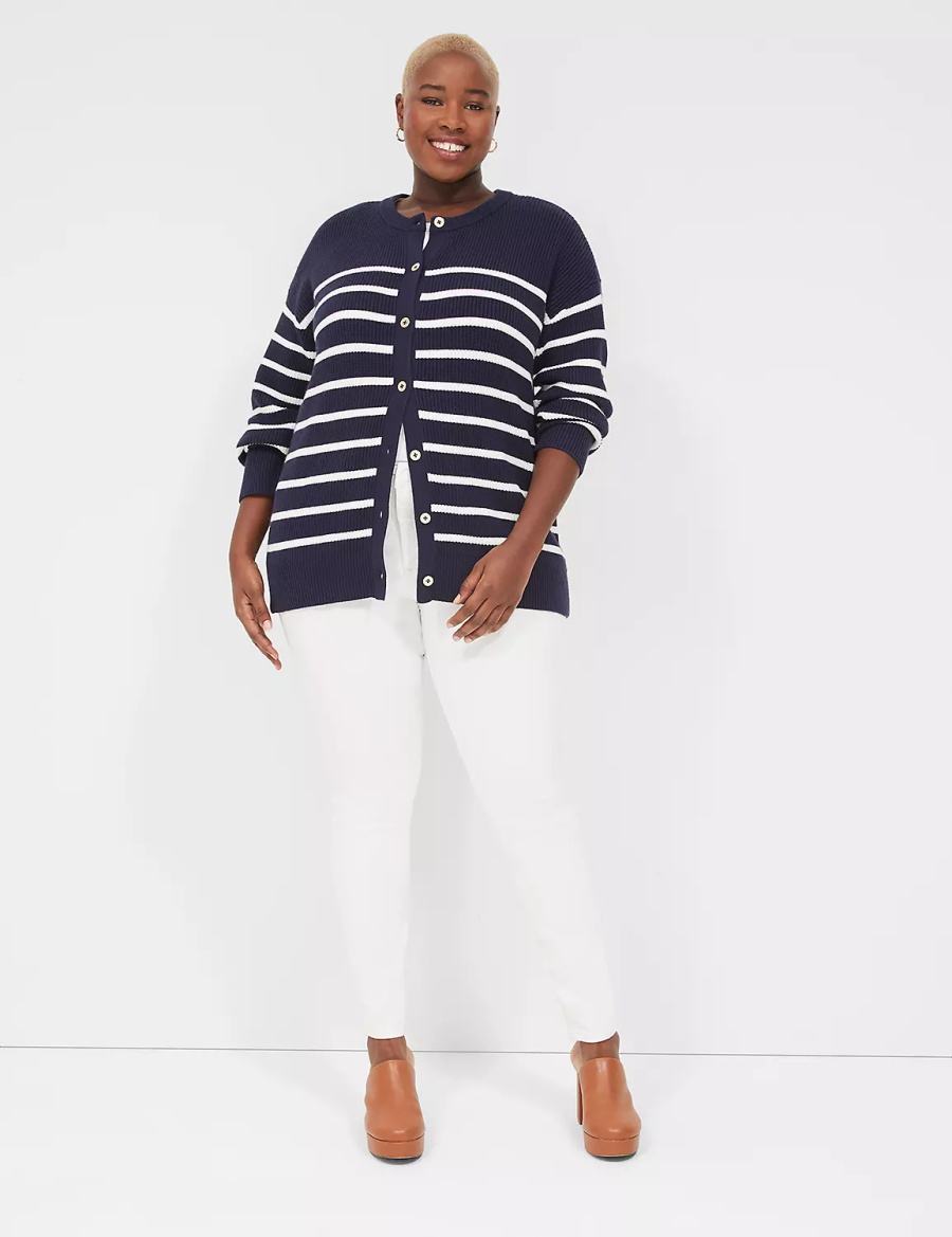 Lane Bryant Button-Front Stripe Cardigan Dames Blauw | XTP4990BP